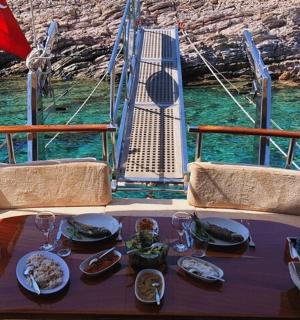 a table with plates of food on a boat