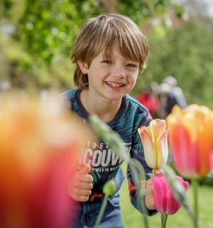 一个小男孩拿着一束鲜花