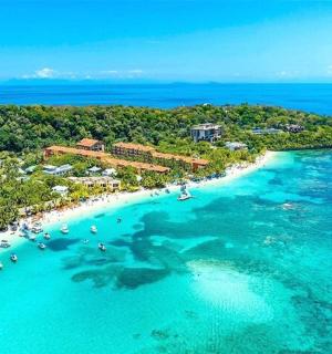 an aerial view of a beach with people in the water