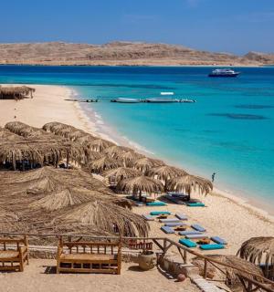 有很多草伞和海洋的海滩