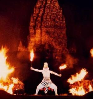 a depiction of a man in front of fire