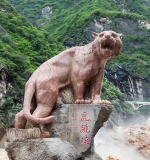 一只狗坐在岩石上的雕像