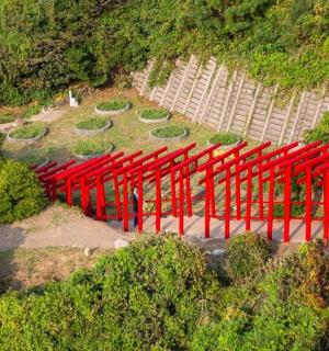 eine Gruppe roter Stühle auf einem Hügel