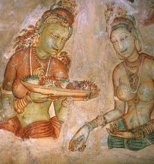 a painting of two men holding a bowl of food