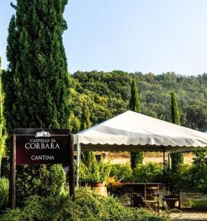 a sign in front of a garden with trees