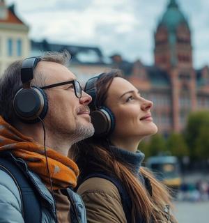 一名男子和一名女子戴着耳机