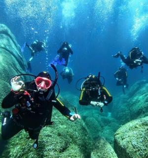 a group of people scuba diving in the ocean