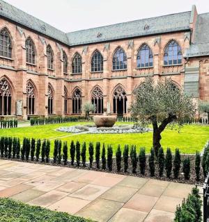 a large building with a tree in front of it