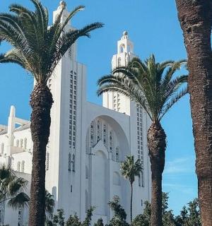 a large white building with palm trees in front of it