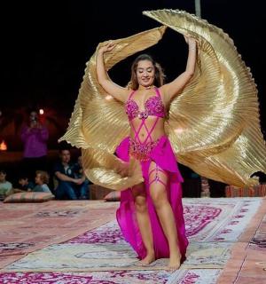 舞台上身穿粉色连衣裙、长着翅膀的女人