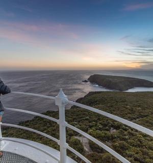 a woman standing on the edge of a cruise ship looking at the ocean