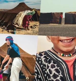 a collage of photos with a woman and a child and a tent