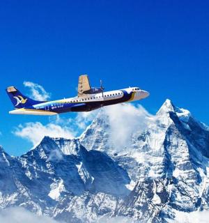 一架飞机飞越白雪皑皑的山脉
