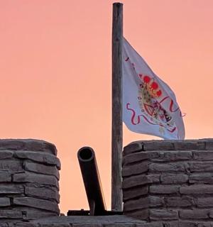 砖墙建筑顶上的一面旗帜