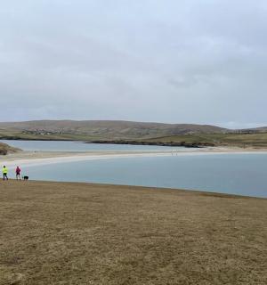 two people and a dog standing next to a lake