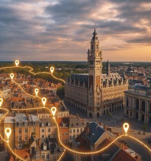 a view of a city at night with lights