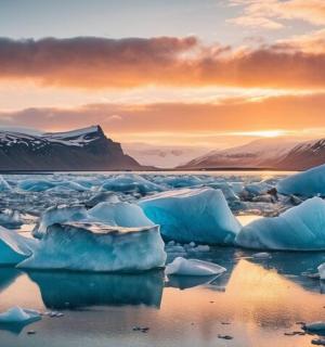 a group of icebergs in a body of water
