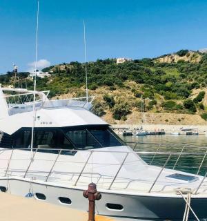 停泊在水中码头的一艘白色小船