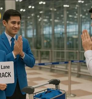 a group of three people standing in an airport holding a sign