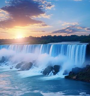 vodopád při západu slunce vedle řeky