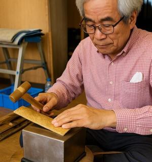 一位老人用锤子敲木头