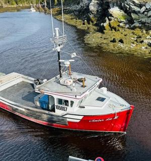 一艘红白相间的船停在水中