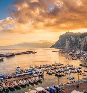 a group of boats are docked at a harbor
