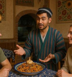 三个人坐在桌旁,桌上摆着一盘食物