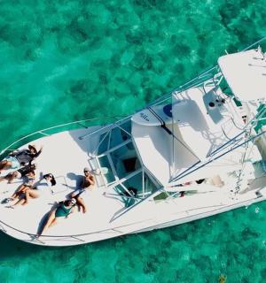a group of people on a boat in the water