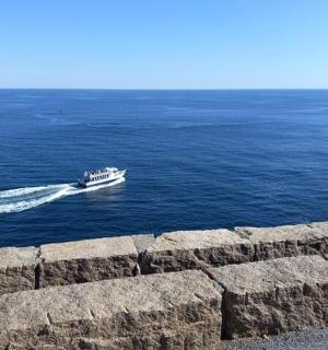 一位女士坐在墙上，看着水中的一艘船