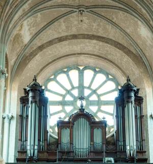 a large room with a large window in a building
