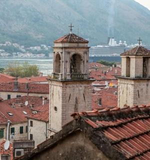 a view of a city with roofs and a cruise ship