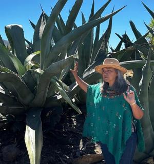 一位戴着帽子的女人站在仙人掌旁边