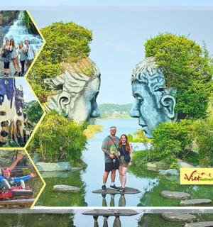 一幅画前人们的照片拼贴画