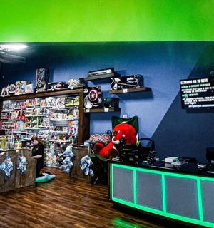 a room with a toy store with a stuffed animal in it