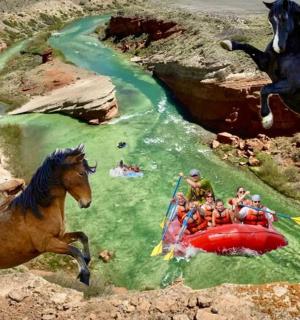 有人在木筏上的河流玩具模型