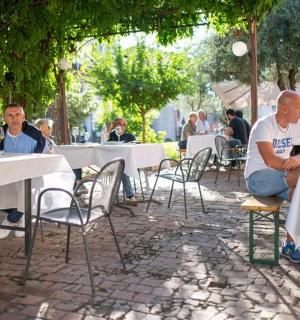 一群人坐在花园里的桌子旁