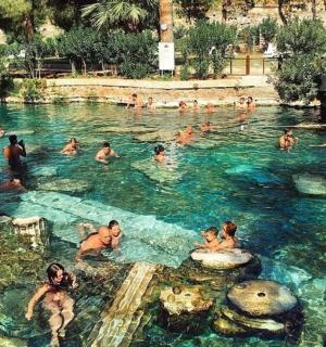 a group of people swimming in a swimming pool