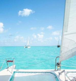 a boat with a sail in the ocean