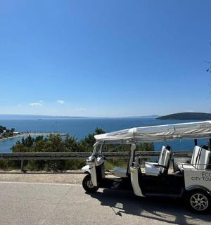 um carrinho de golfe estacionado na beira de uma estrada