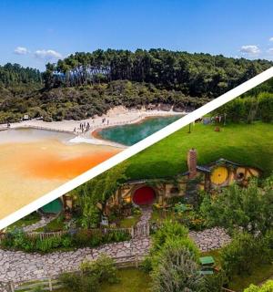 两张带有房屋的海滩景观