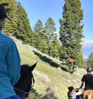 dva lidé jedoucí na koni s mužem na hoře