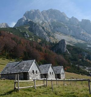 an old barn in a field with a mountain