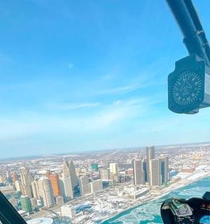 a view of a city from inside an airplane