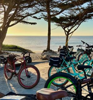a group of bikes parked on the beach