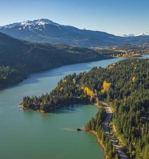 河流与树木和山脉的鸟瞰图