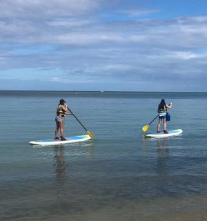 two people standing on paddle boards in the water