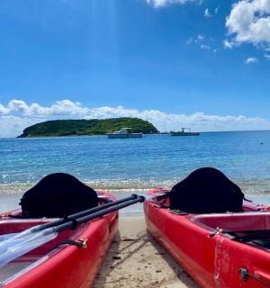 Dvě červené lodě na pláži s ostrovem ve vodě