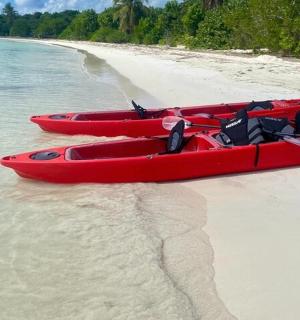 two red canoes sitting on the sand on a beach