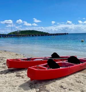 Dos canoas rojas sentadas en la arena de una playa